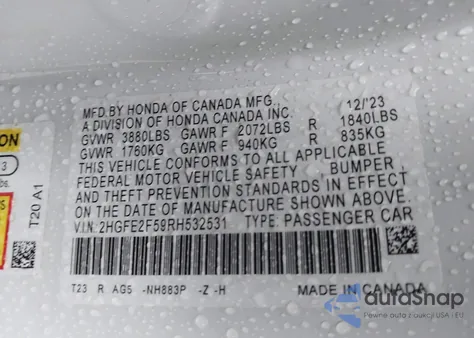 2024 Honda Civic Sport z USA, uszkodzony, nr VIN 2HGFE2F59RH532531